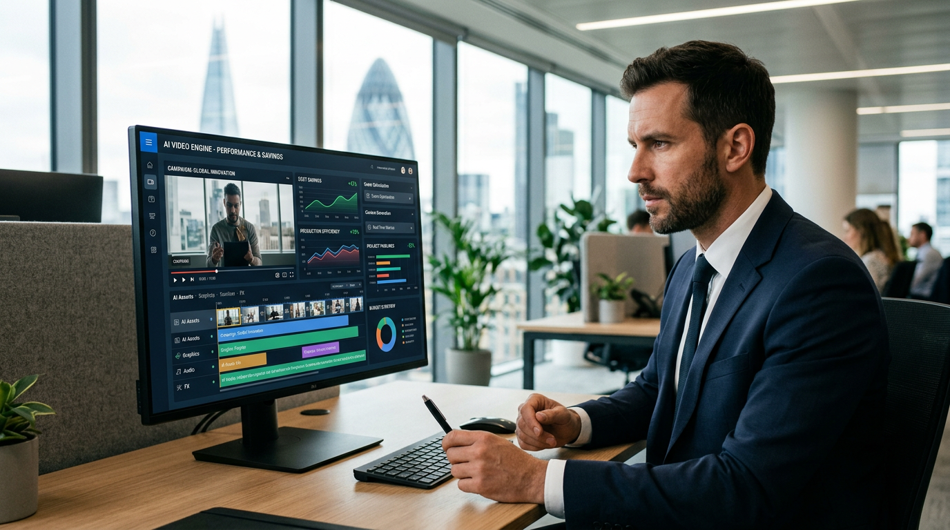 Infographic showing 49% of marketers adopting AI video tools and achieving 60% cost reduction in video production.