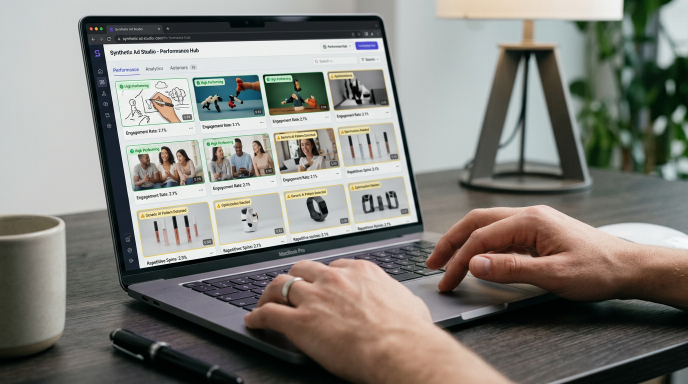 Visual representation of AI-powered video creation, illustrating rapid content generation and testing for performance marketing.