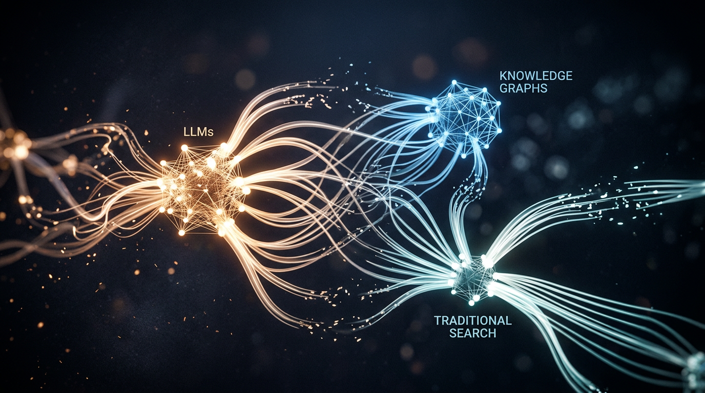 Visualizing the Algorithmic Trinity: LLMs, knowledge graphs, and search indexes combining for AI agent decision-making in AAO.