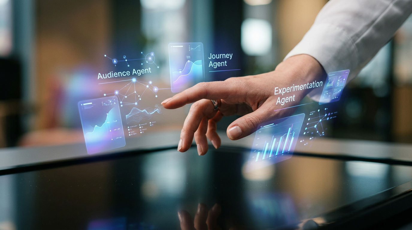 Visual representation of Adobe Experience Platform Agent Orchestrator coordinating multiple specialized AI agents for marketing tasks.