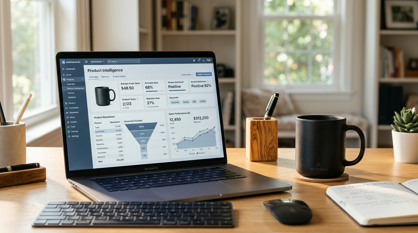 Conceptual image illustrating AI and search engines processing e-commerce data to determine EEAT and enhance online visibility.