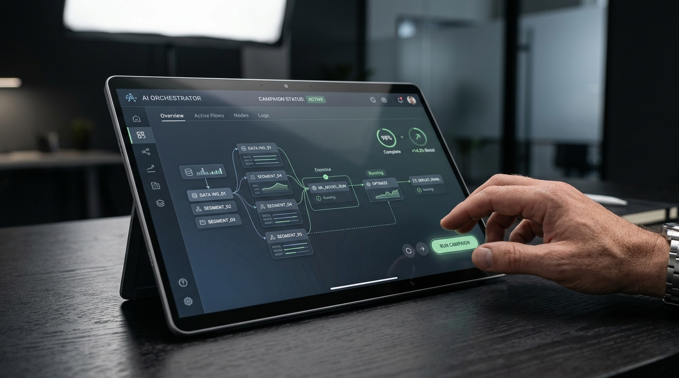 Conceptual image showing agentic AI orchestrating various marketing tasks, symbolizing automation and interconnected workflows for revenue growth.