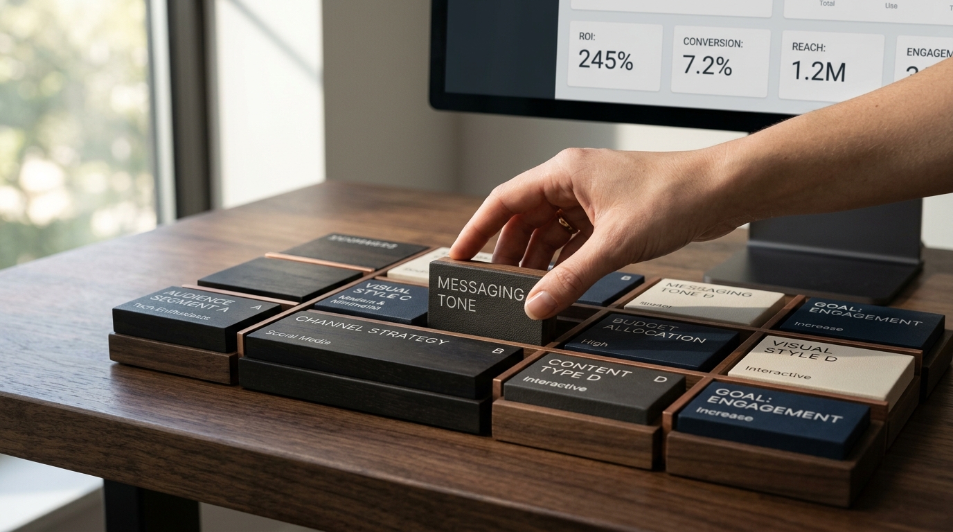 Graphic illustrating the challenge of maintaining brand consistency amidst rapid AI-generated content, showing fragmented brand elements or a complex web of creative variations.