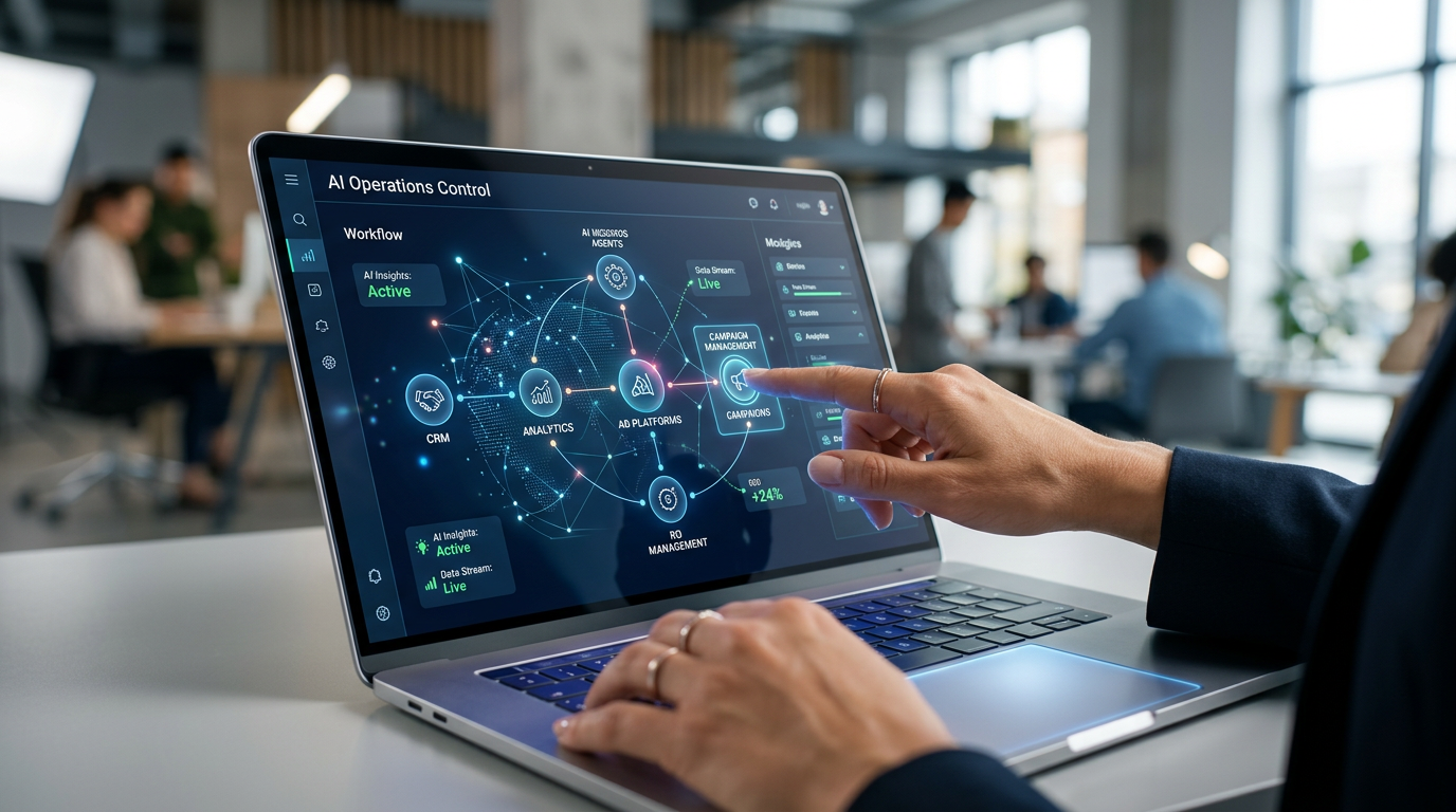 Visual representation of AI agents and automation advancing marketing workflows, discussed at the AI Marketing Roundtable.