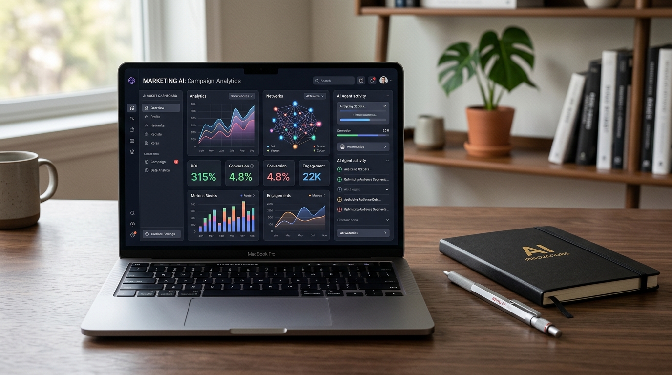 Visualizing the AI Marketing Roundup: Meta AI Agents, $57B Ad Spend Surge, and Google GEO Advances in a dynamic infographic.