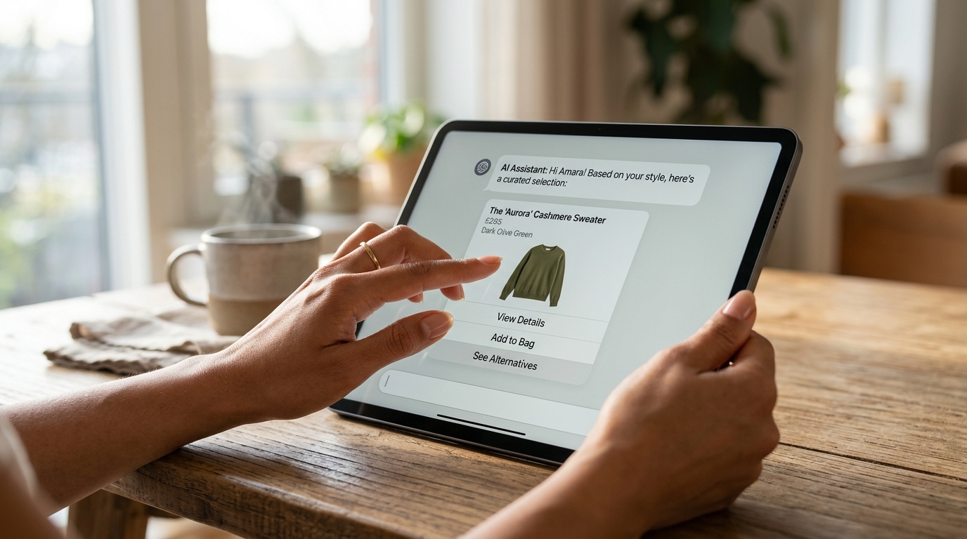Conceptual image illustrating the shift from traditional e-commerce search to AI-led product discovery, showing a transition from a search bar to conversational AI interfaces.