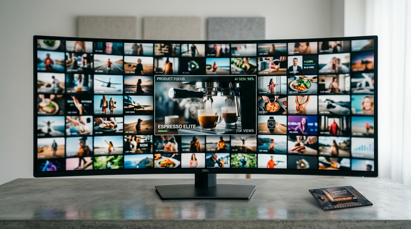 Visual representation of AI generating dynamic video content for social media marketing campaigns, showcasing speed and efficiency.
