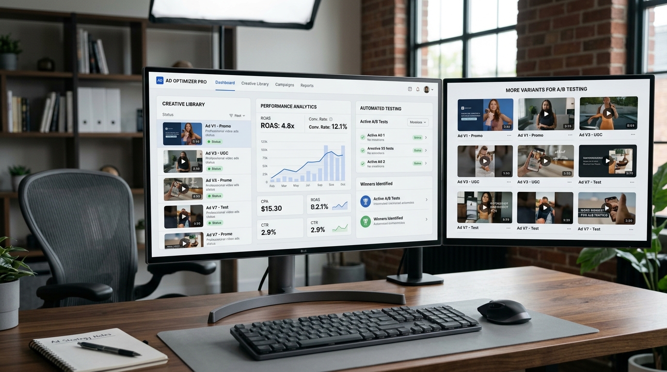 Visualizing the ROAS Suite platform interface, demonstrating rapid AI video ad creative generation and performance analytics for e-commerce brands.