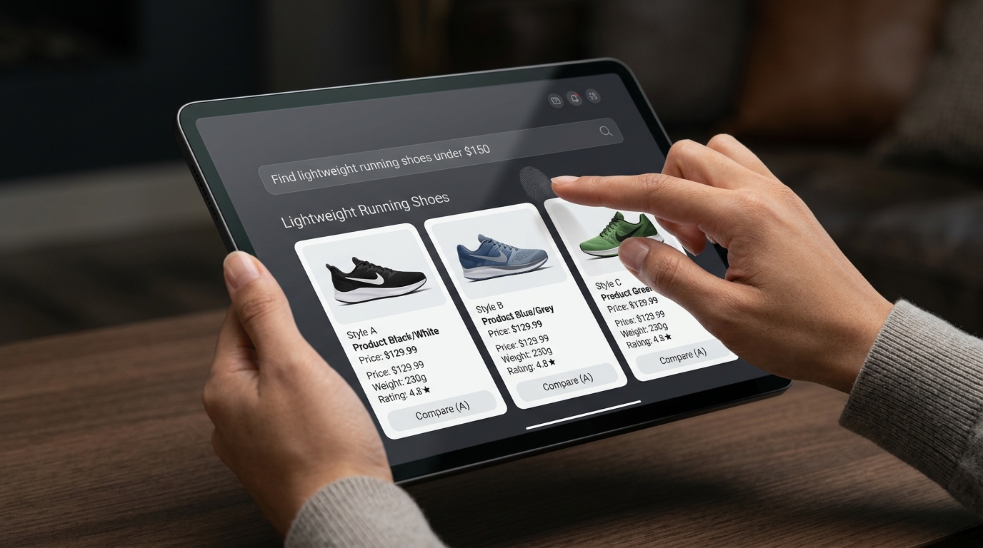 Conceptual image showing Alibaba's Qwen AI assistant interacting with the Taobao e-commerce platform, symbolizing agentic shopping.