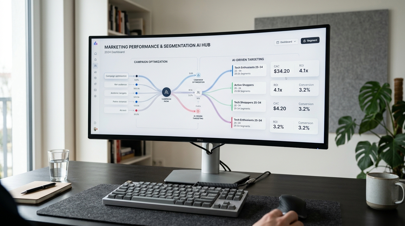 A visual representation of AI-driven marketing trends discussed at Amazon Ads unBoxed 2026, showing data flow and automation.