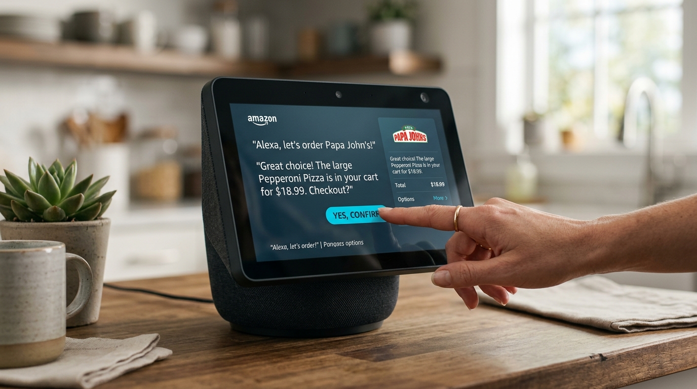 A visual representation of Amazon Alexa+ Agentic Ads, showing a user interacting with Alexa for a seamless conversational commerce experience.