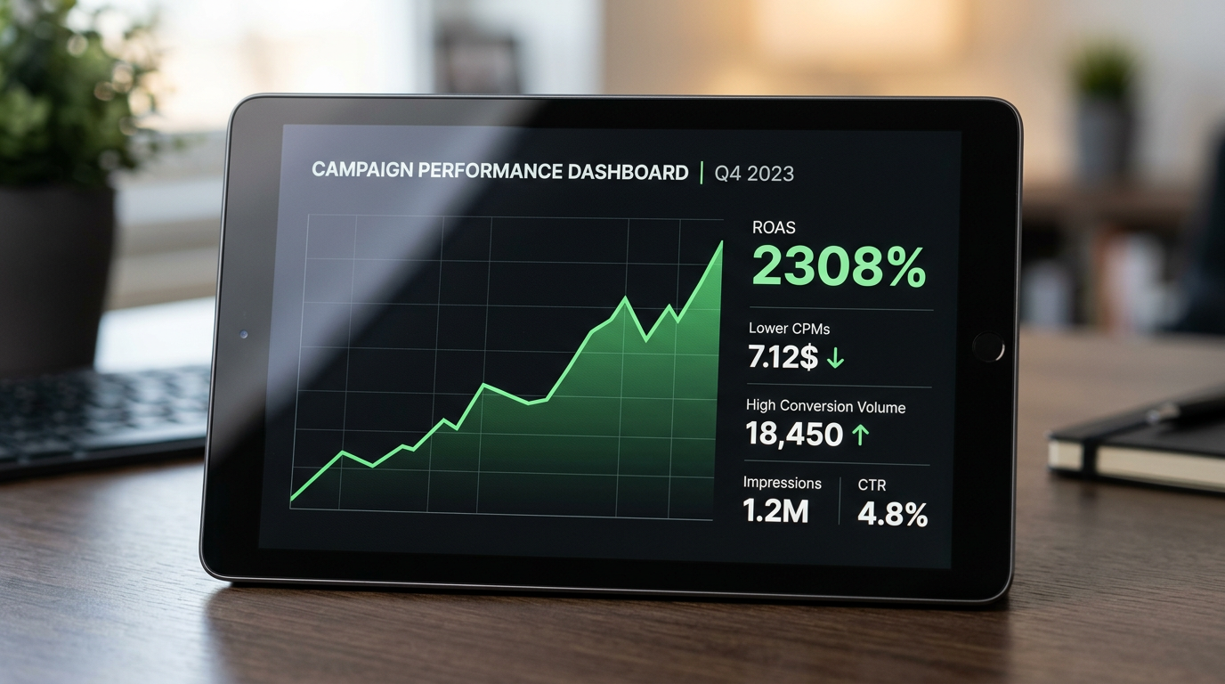 Screenshot of Roku Ads Manager interface showing campaign performance metrics, highlighting the Shopify integration's role in Blu Dot's high ROAS.