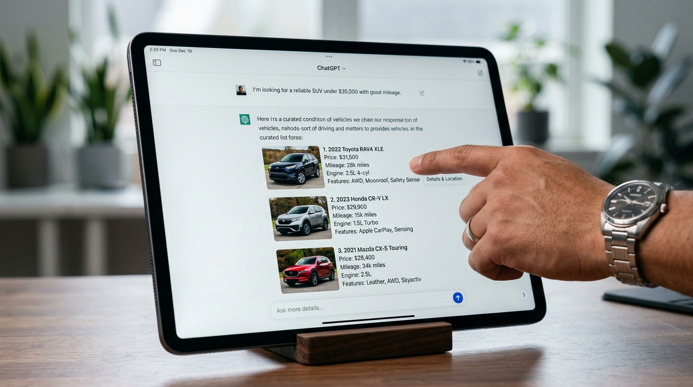 Visual representation of Carsales and ChatGPT logos integrated, symbolizing the new AI-powered vehicle search experience.
