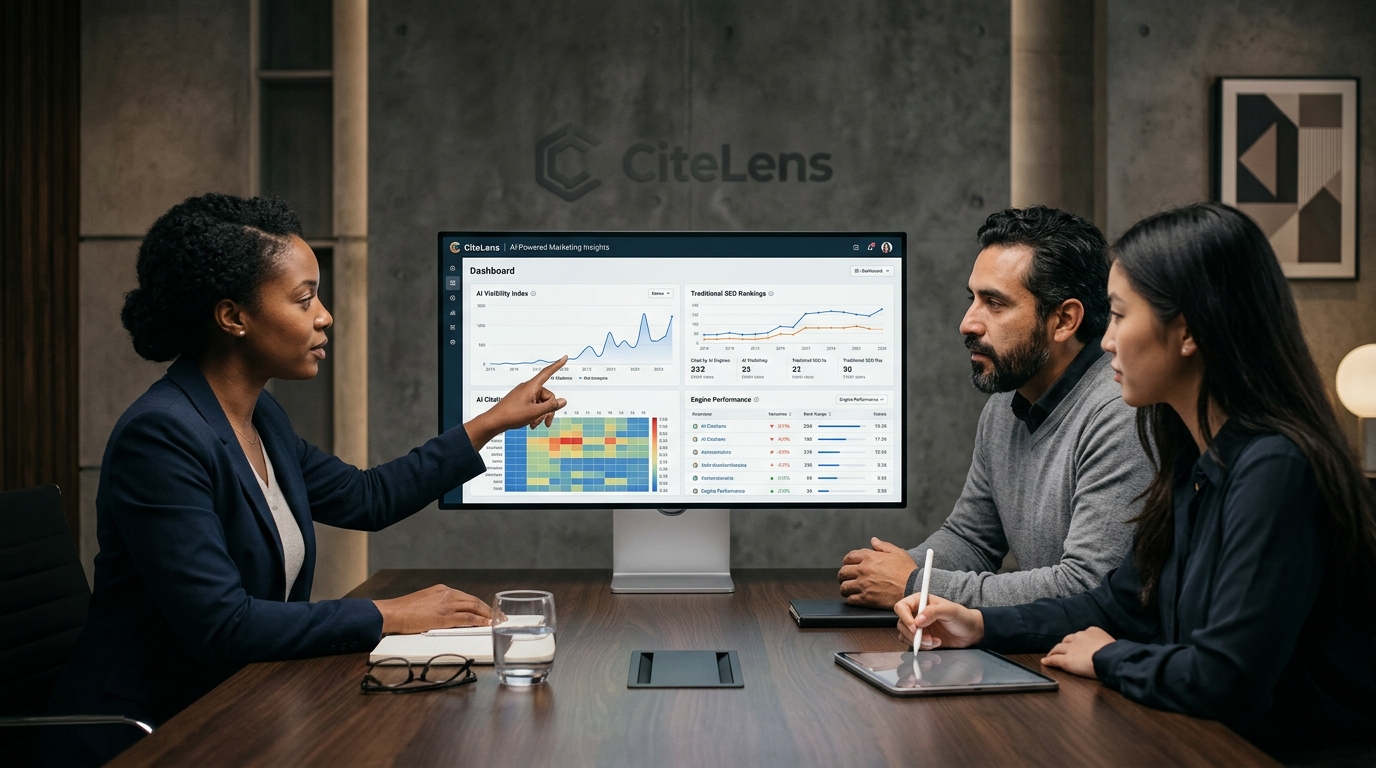 Visual representation of CiteLens's AI share of voice tracking and competitive benchmarking across generative AI platforms.