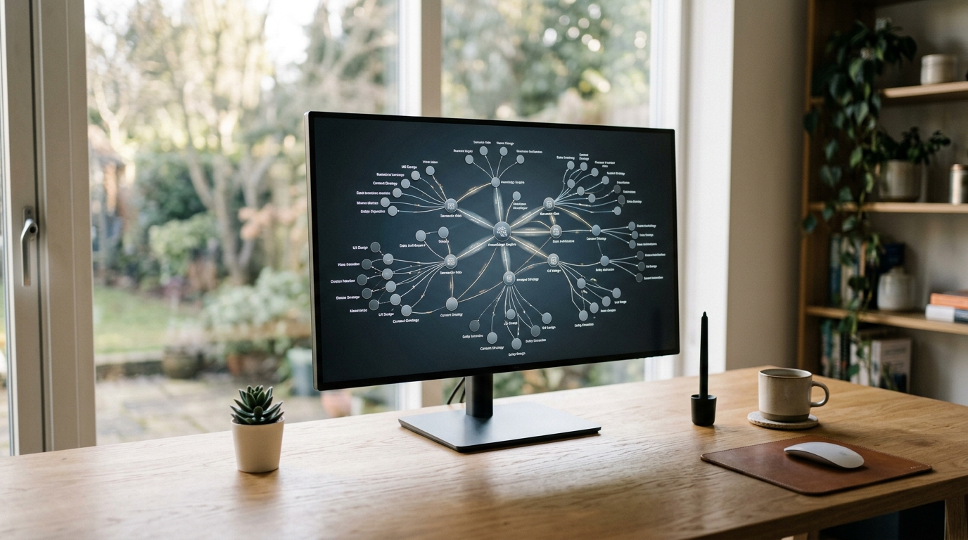 ContentGrip's 2026 framework for building topical authority, depicting interconnected content clusters and E-E-A-T for AI search.