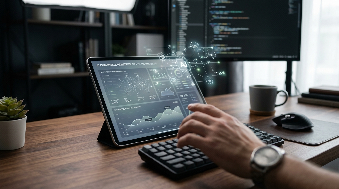 Visualizing AI shopping agents and digital commerce, illustrating the new AI Commerce Rankings by Digital Commerce 360 and ReFiBuy.