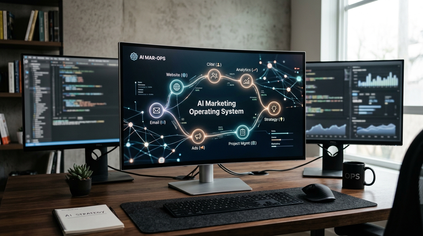 Conceptual illustration of Digital.Marketing's AI Marketing OS, showing interconnected digital marketing tools and automated workflows.