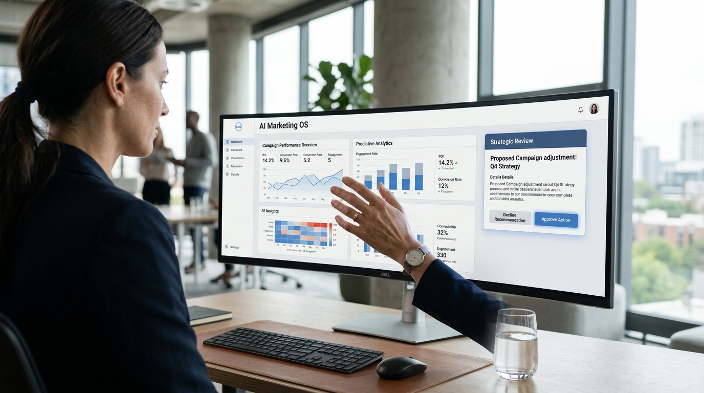 Diagram representing the comprehensive integration of AI Marketing OS across various marketing platforms like CRM, CMS, analytics, and ad accounts.
