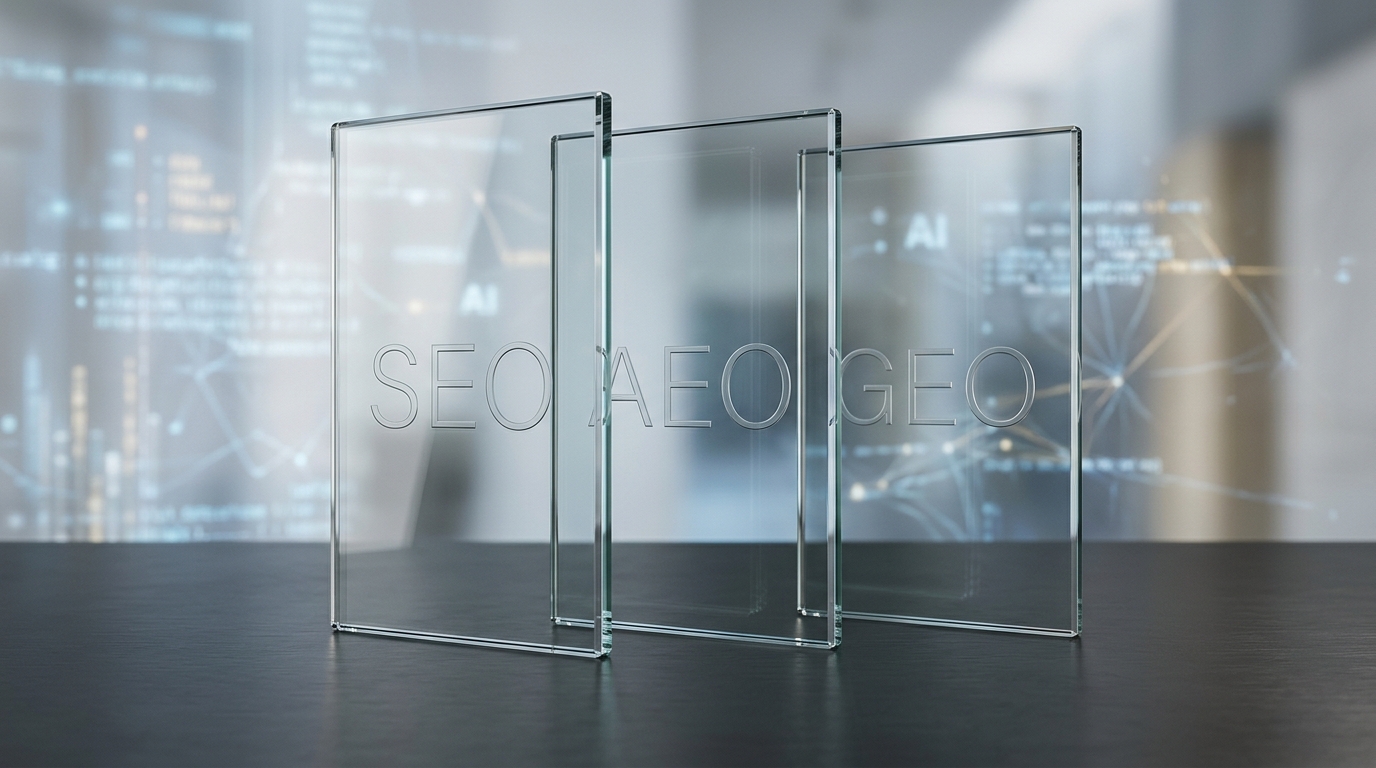 Diagram illustrating the relationship between SEO, AEO, and GEO in AI-powered marketing, showing how they combine for digital discovery.