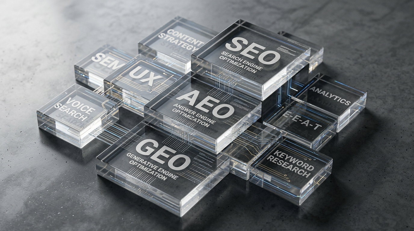Visual representation of the AI-powered marketing trinity, detailing how SEO gets you found, AEO gets you answered, and GEO gets you recommended.