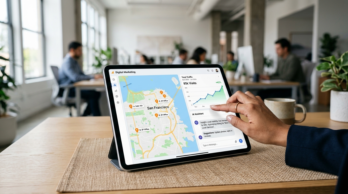 Graphic illustrating AI-powered search results and traditional blue links, symbolizing the shift in search optimization.