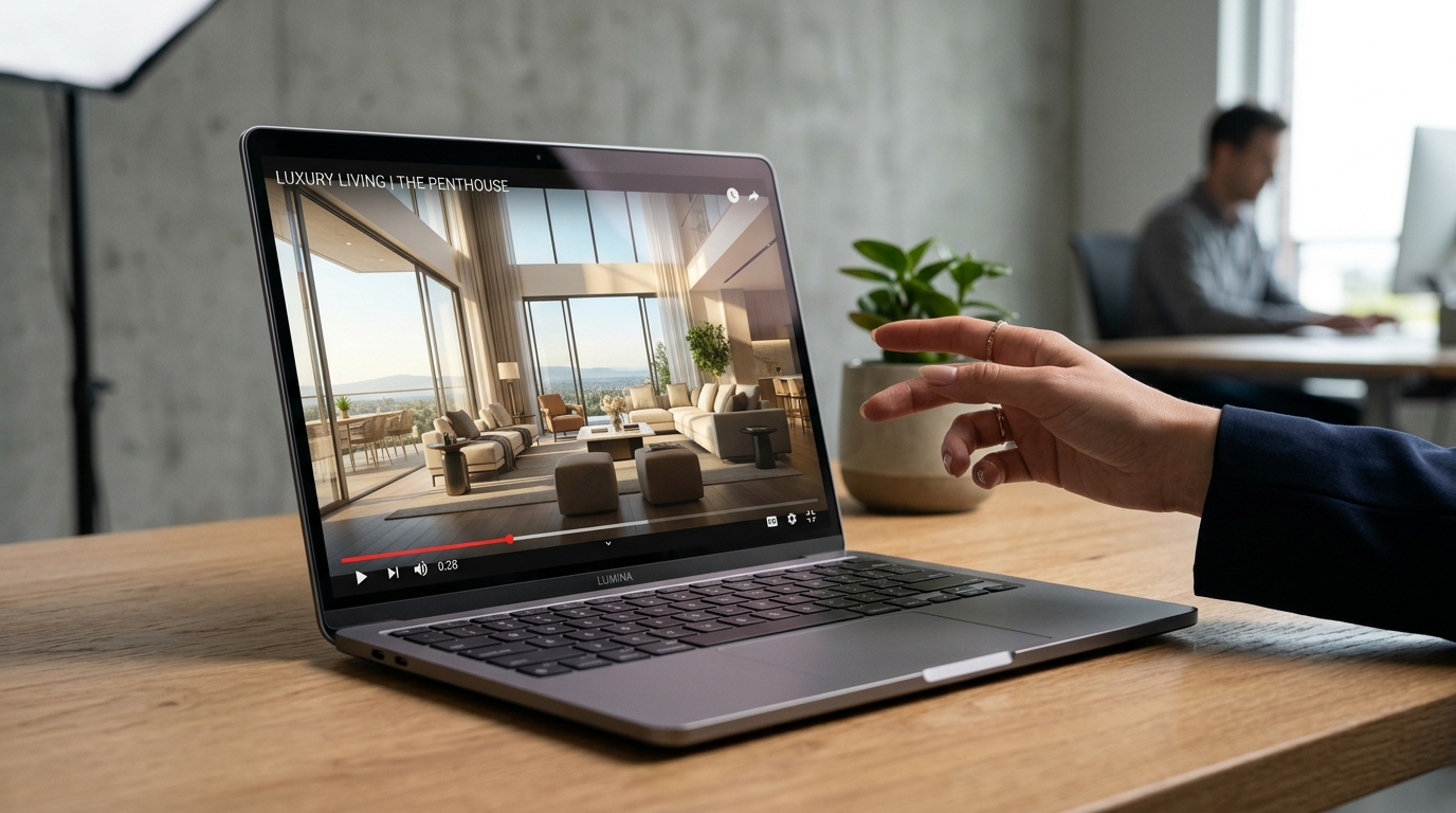 Screenshot of Editora's AI video generator interface, showing a real estate listing video being created with branding and motion effects.