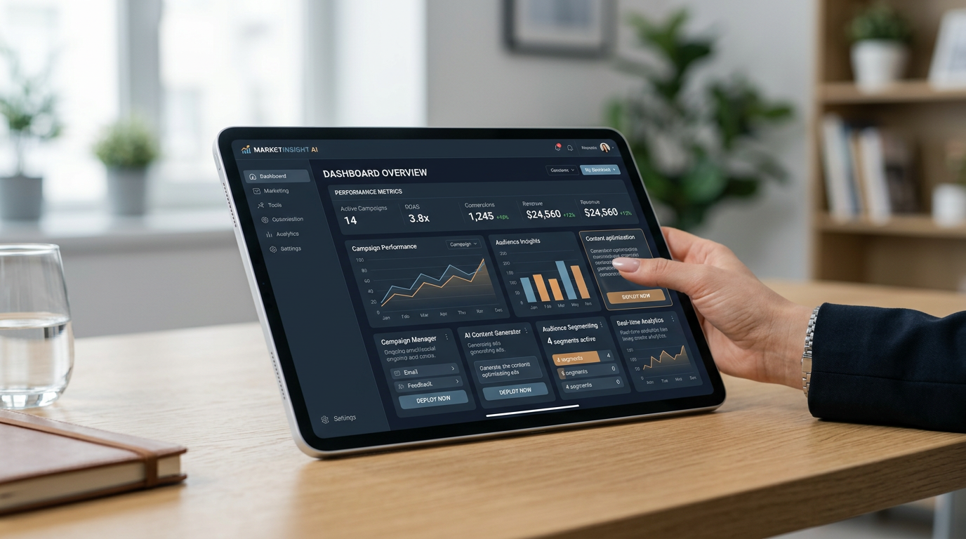 eMarketingToolbox AI marketing suite dashboard showing various tools for SEO, content, and ad copy optimization for small businesses.