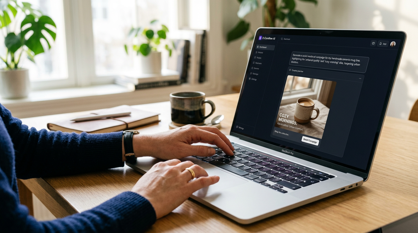 Visual representation of an entrepreneur scaling a Shopify store using AI-generated ads and GPT technology for rapid growth.