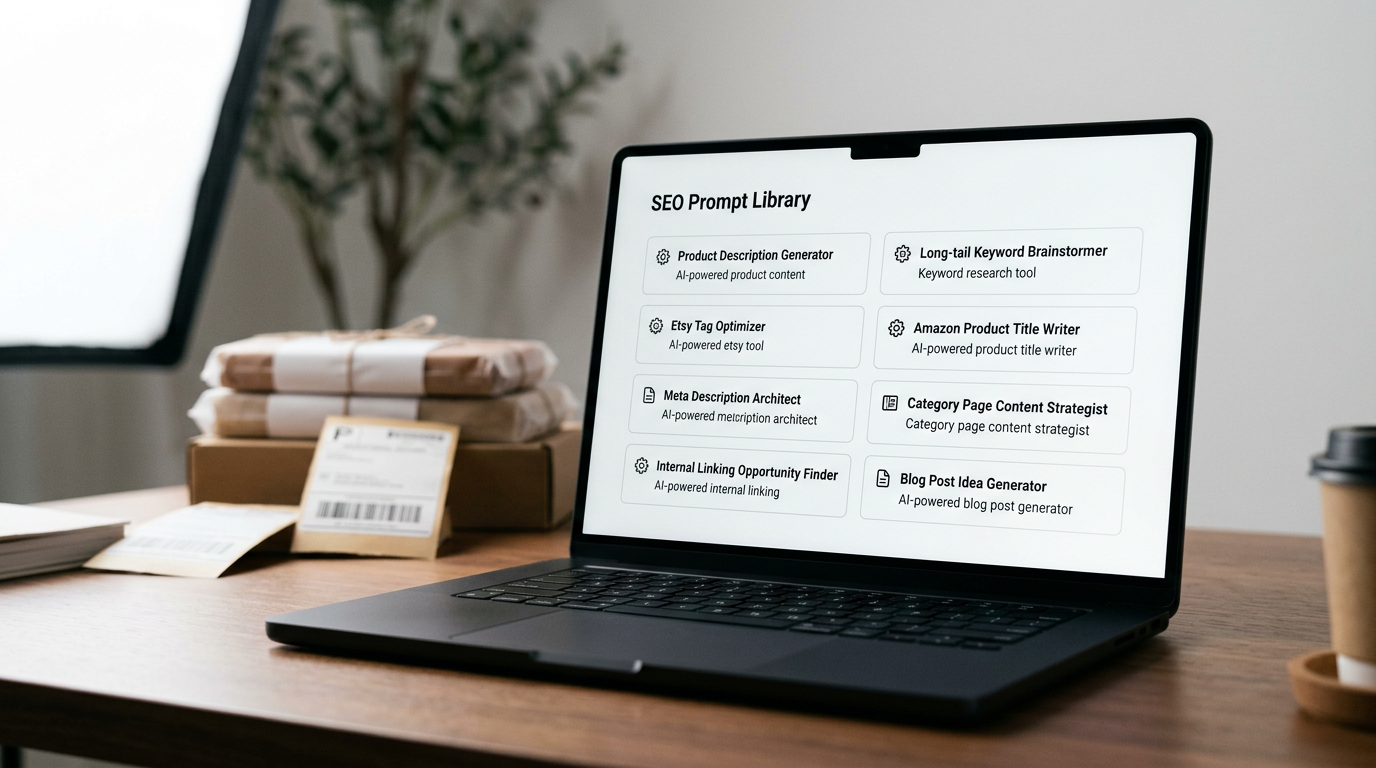 Expert AI Prompts E-Commerce SEO Content Toolkit logo with AI elements and e-commerce symbols, representing enhanced online visibility.