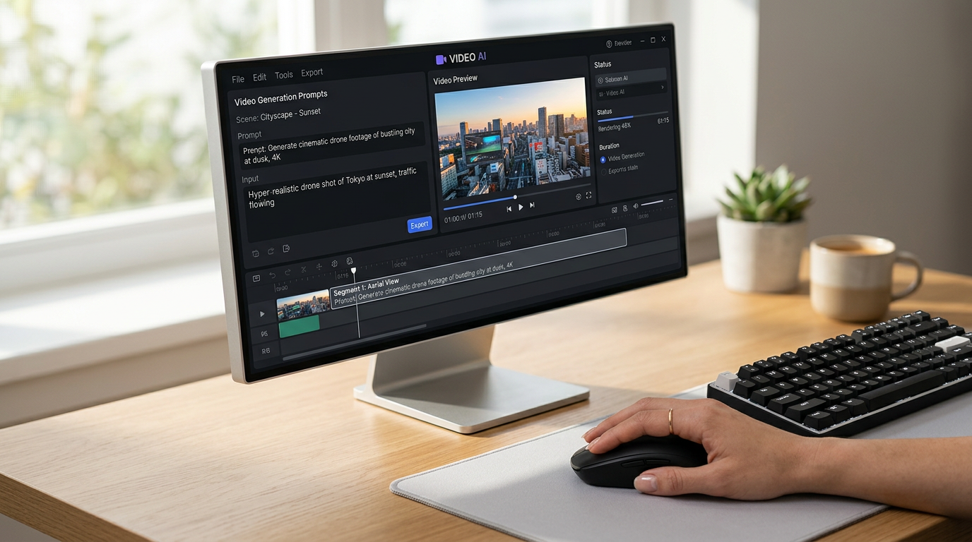 Flow Video AI user interface showing a simplified workflow for generating professional video ads for Meta and YouTube.
