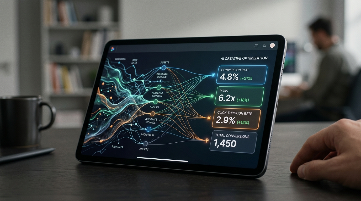 Visual representation of AI algorithms analyzing streaming ad data to optimize campaign performance and drive ROAS for ecommerce brands.