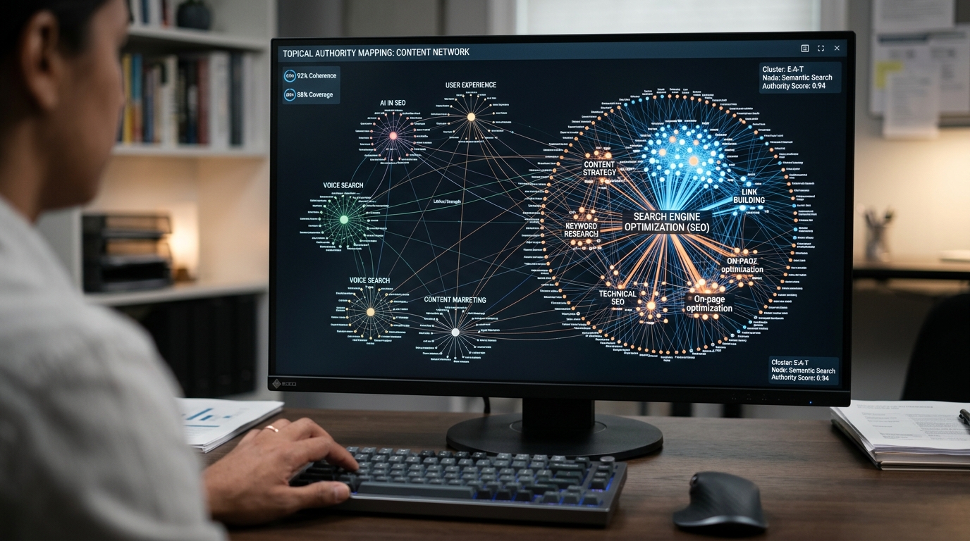 Visual representation of topical authority concept, showing interconnected content clusters building expertise for AI search visibility.