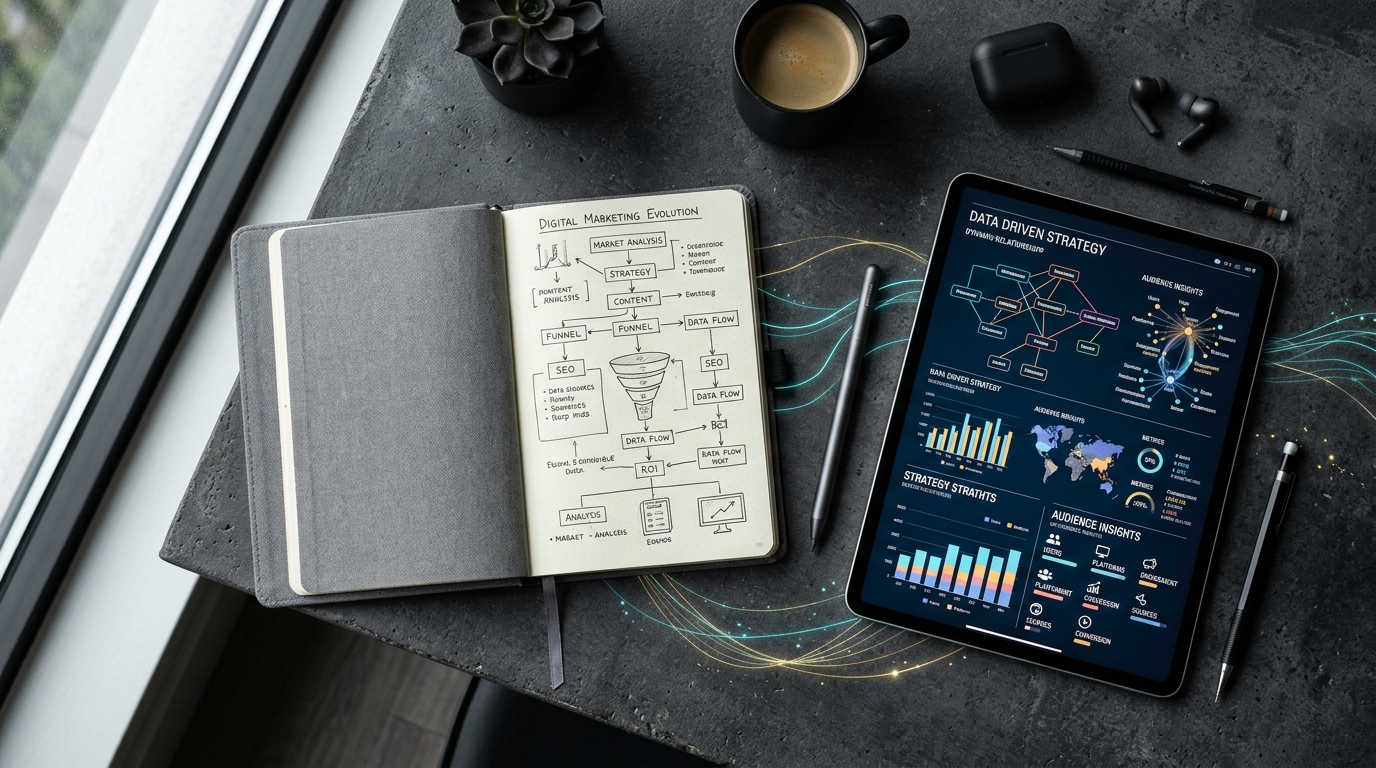 Visual representation of the evolving digital marketing landscape, showing AI systems influencing business discovery alongside traditional search.