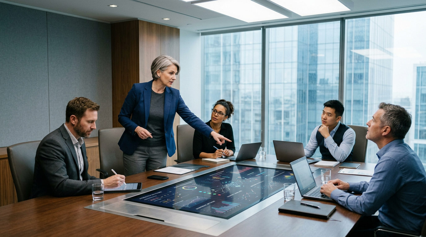 Graphic depicting a CMO navigating complex AI challenges, symbolizing the need for strategic AI leadership to avoid job loss as warned by Gartner.