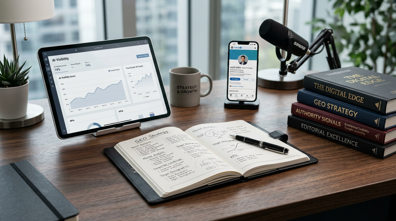 Infographic detailing key elements of content optimized for Generative Engine Optimization (GEO), such as factual signals, trustworthy references, and structured data.