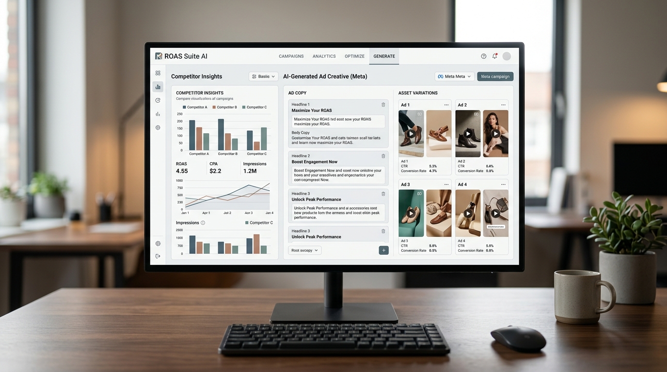 ROAS Suite AI Ad Generator interface displaying various ad creative options for Meta campaigns, streamlining ecommerce marketing.