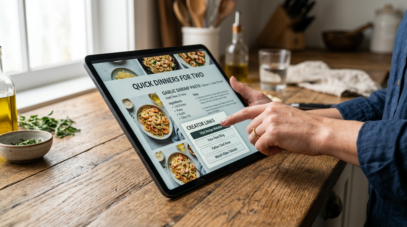 Screenshot showing Google AI Mode recipe search results with new creator links and dish summaries, illustrating the updated interface for 'easy dinners for two'.