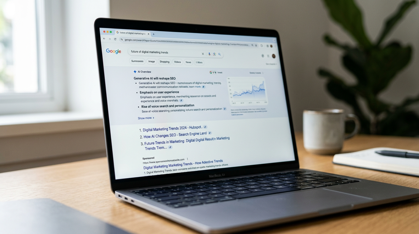 Diagram illustrating how Google AI Overviews impact the search results page, pushing paid ads lower and reducing click-through rates.