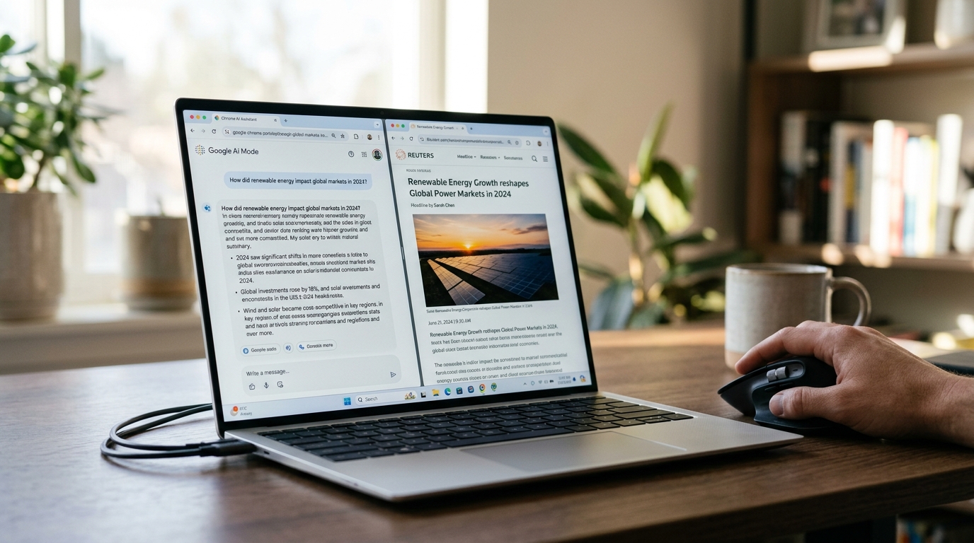 Screenshot of Google Chrome's new AI Mode showing a split screen with an AI conversation panel on one side and a webpage on the other, demonstrating side-by-side browsing.