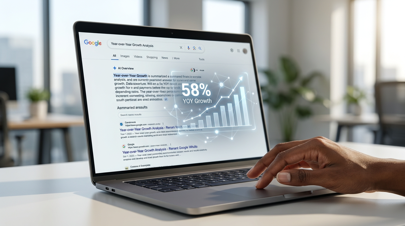 Chart illustrating the 58% year-over-year growth of Google AI Overviews in search results, highlighting the increasing presence and impact on SEO.