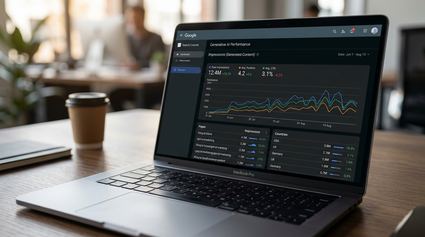 Screenshot illustrating Google's new AI visibility reports integrated within the Search Console interface, showing performance data for generative AI features.