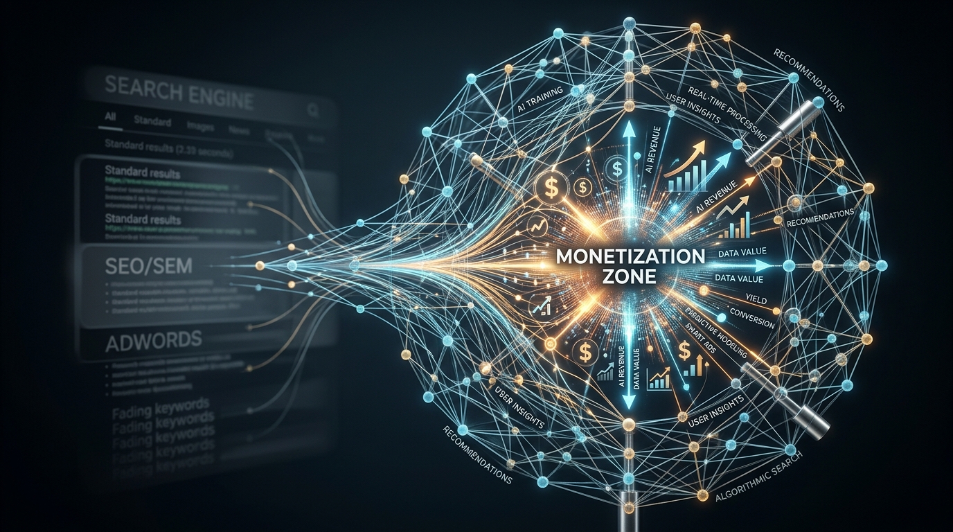 Conceptual illustration of Google's AI Mode interface, showing a conversational AI guiding a user through search results and integrated advertisements.