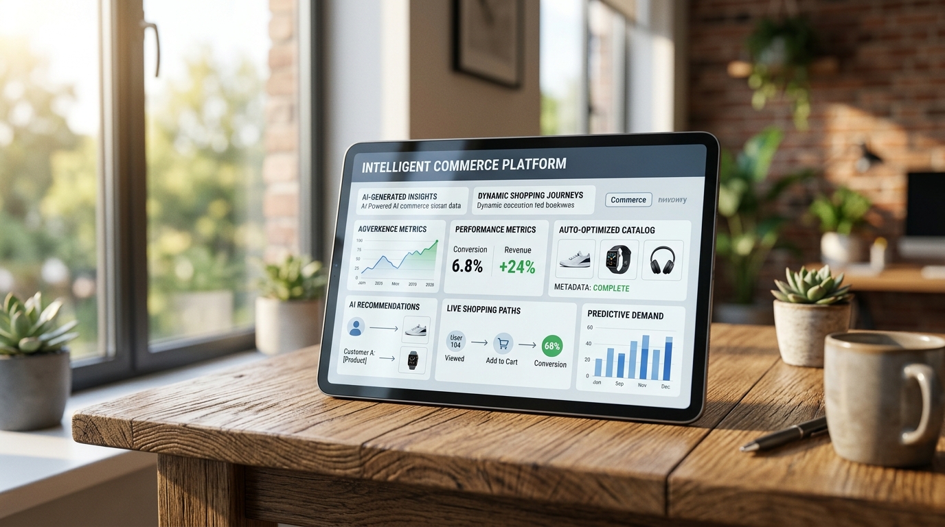 Google Merchant Center dashboard displaying AI Performance Insights, including share of voice and shopping funnel metrics for ecommerce brands.