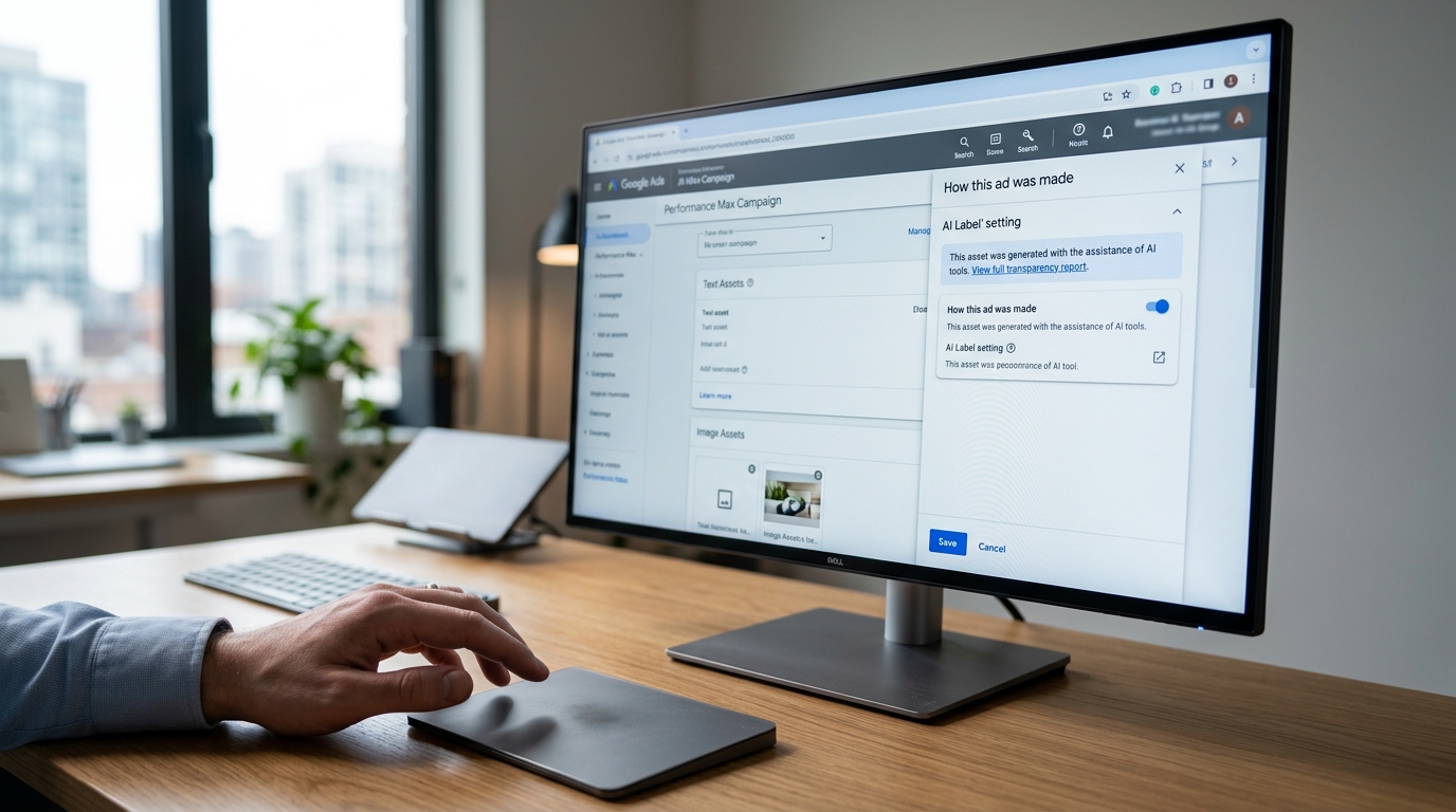 Screenshot illustrating Google's new AI label setting within the Asset Studio interface, showing options for disclosing AI-generated or AI-edited ad content.