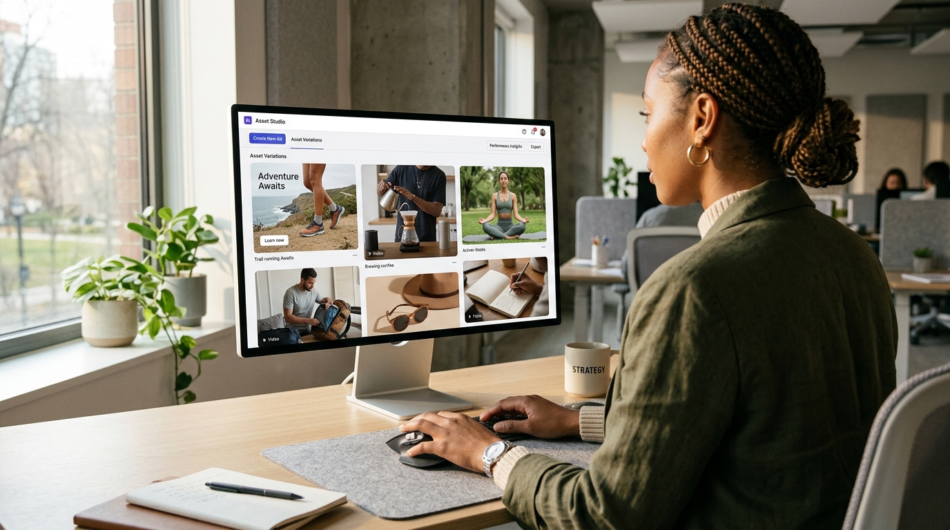 Screenshot or diagram of Google's Asset Studio interface, demonstrating how e-commerce marketers can use AI prompts to generate and edit product lifestyle images and videos.