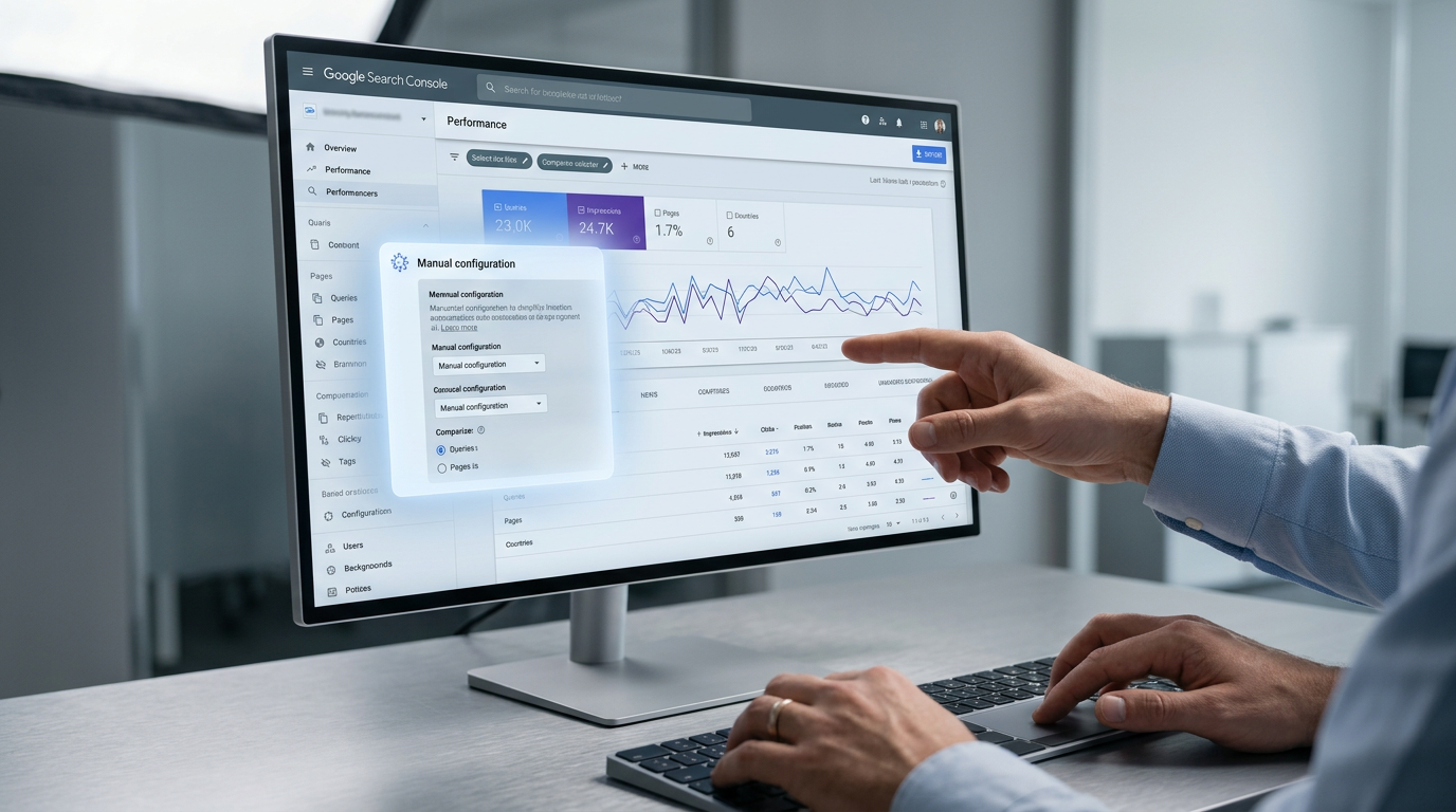 Google Search Console AI prompts feature interface, illustrating the natural language input field for configuring performance reports.