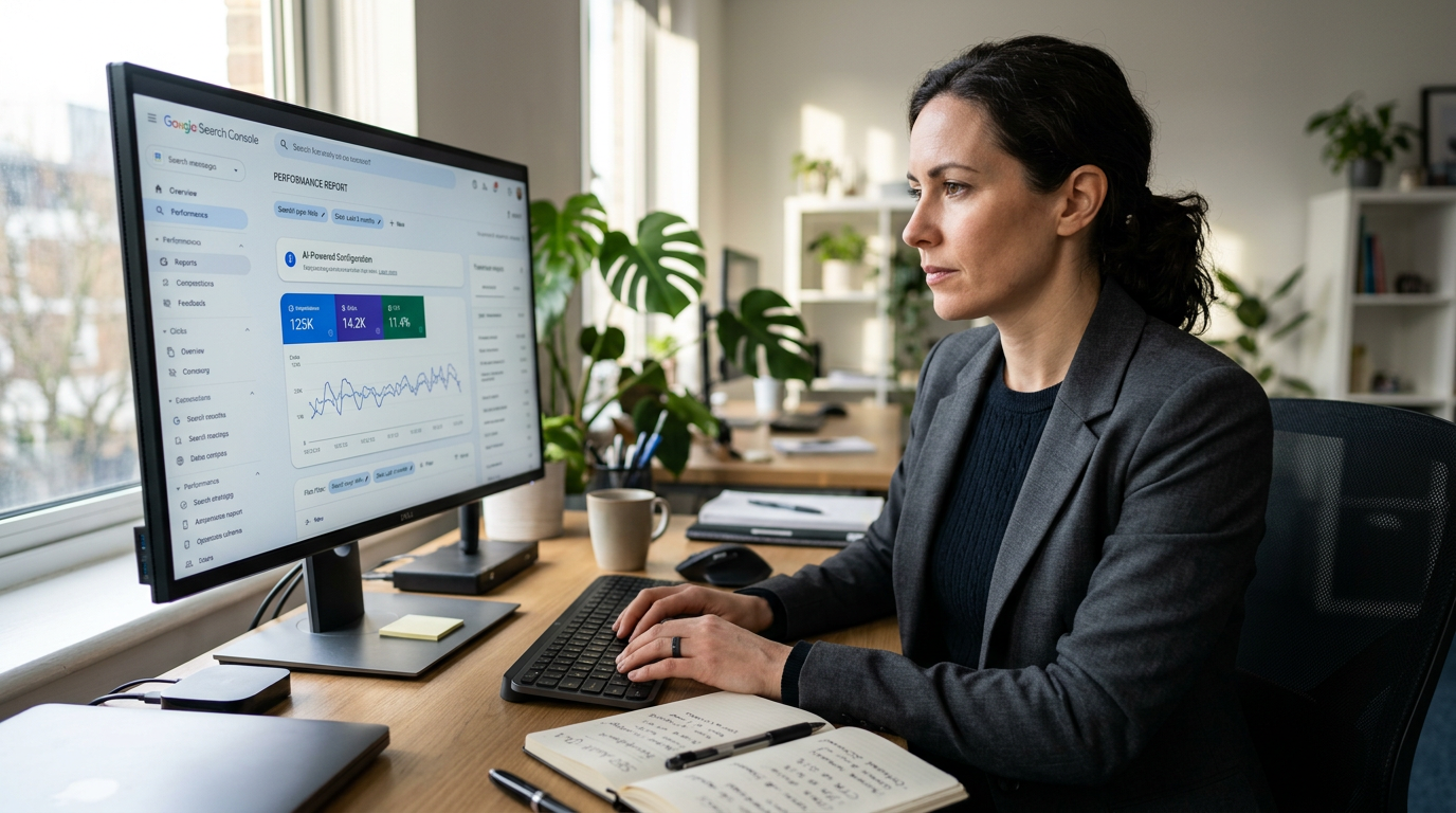 GSC Performance report configured by AI prompts, displaying query data and page insights based on a user's natural language request.