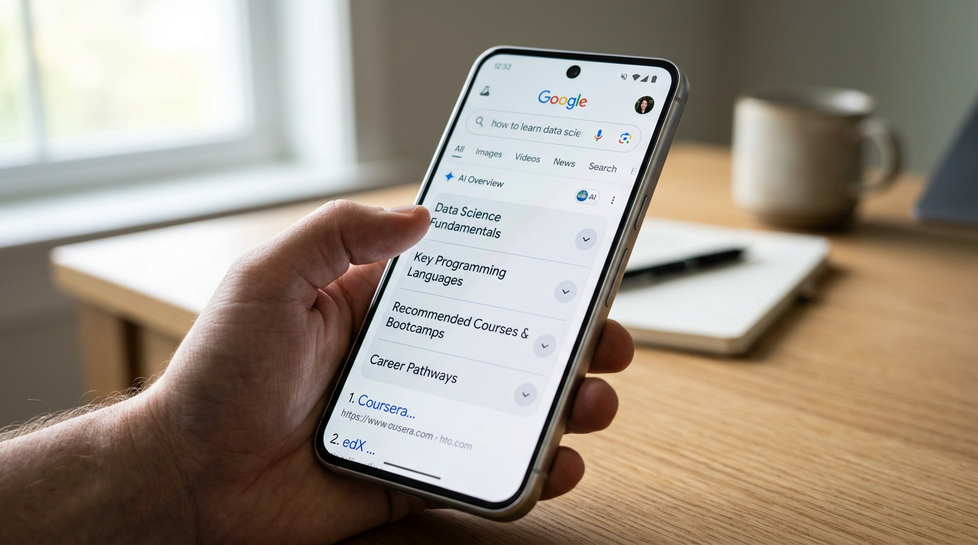 Screenshot showing Google's new expandable AI Overview interface with collapsible sections for search results.