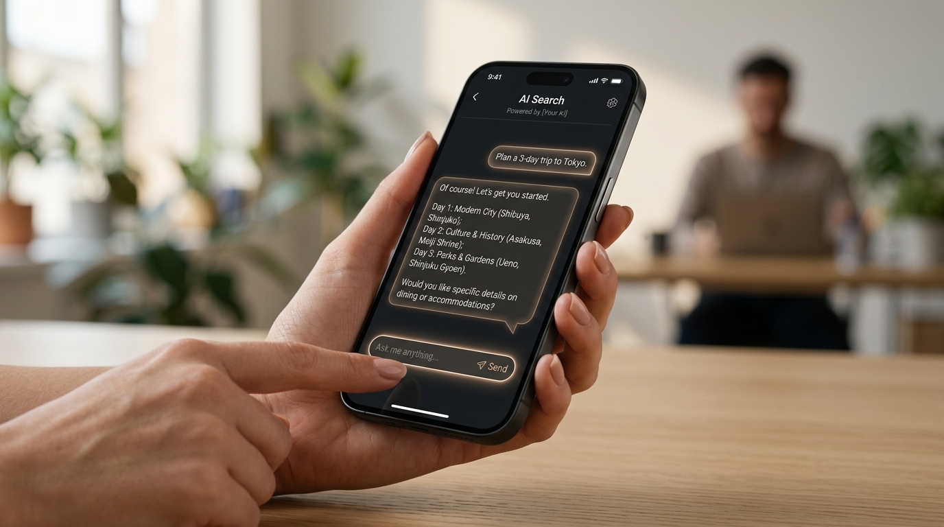 Visual representation of Google's new AI-first search interface, showcasing the intelligent search box and AI Mode integration.