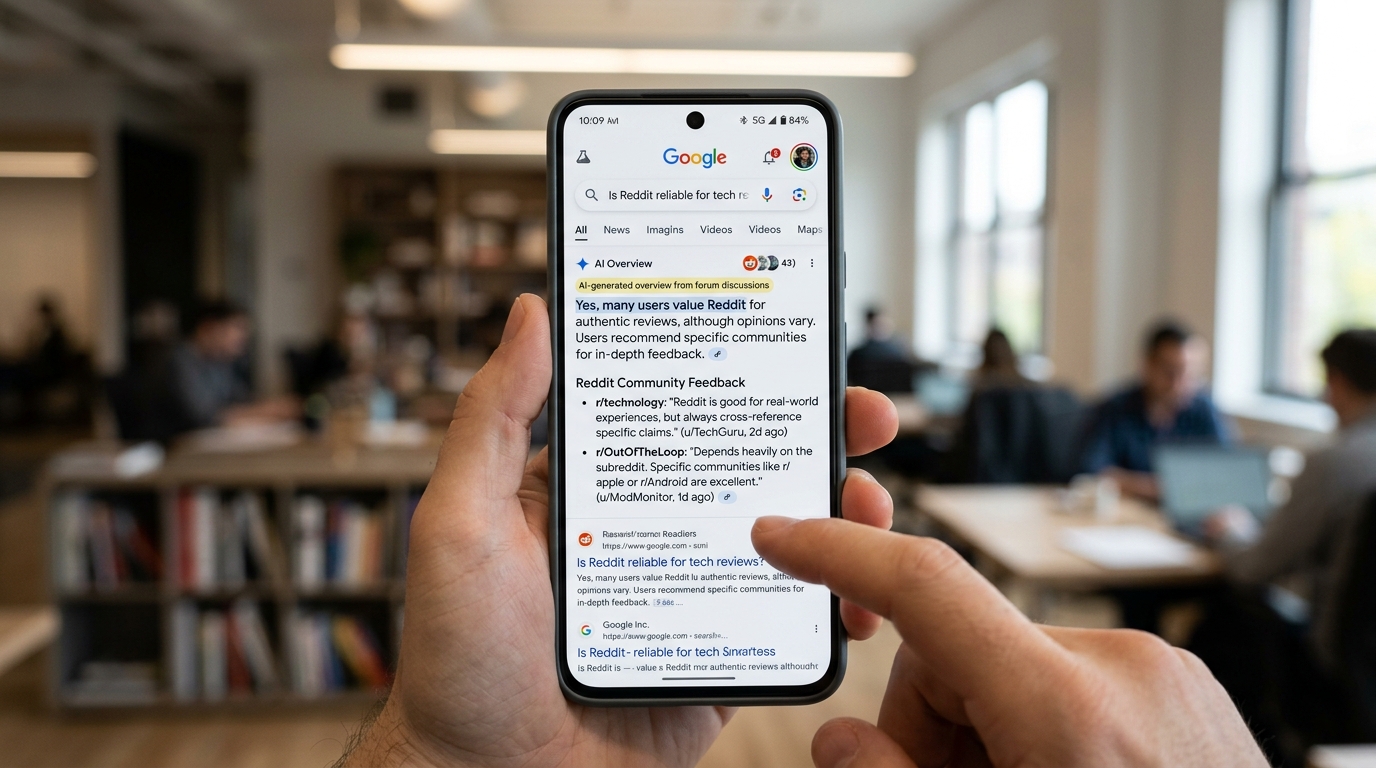 Google AI search results showing integrated quotes and links from Reddit and online forums, highlighting the new update for user-generated content.